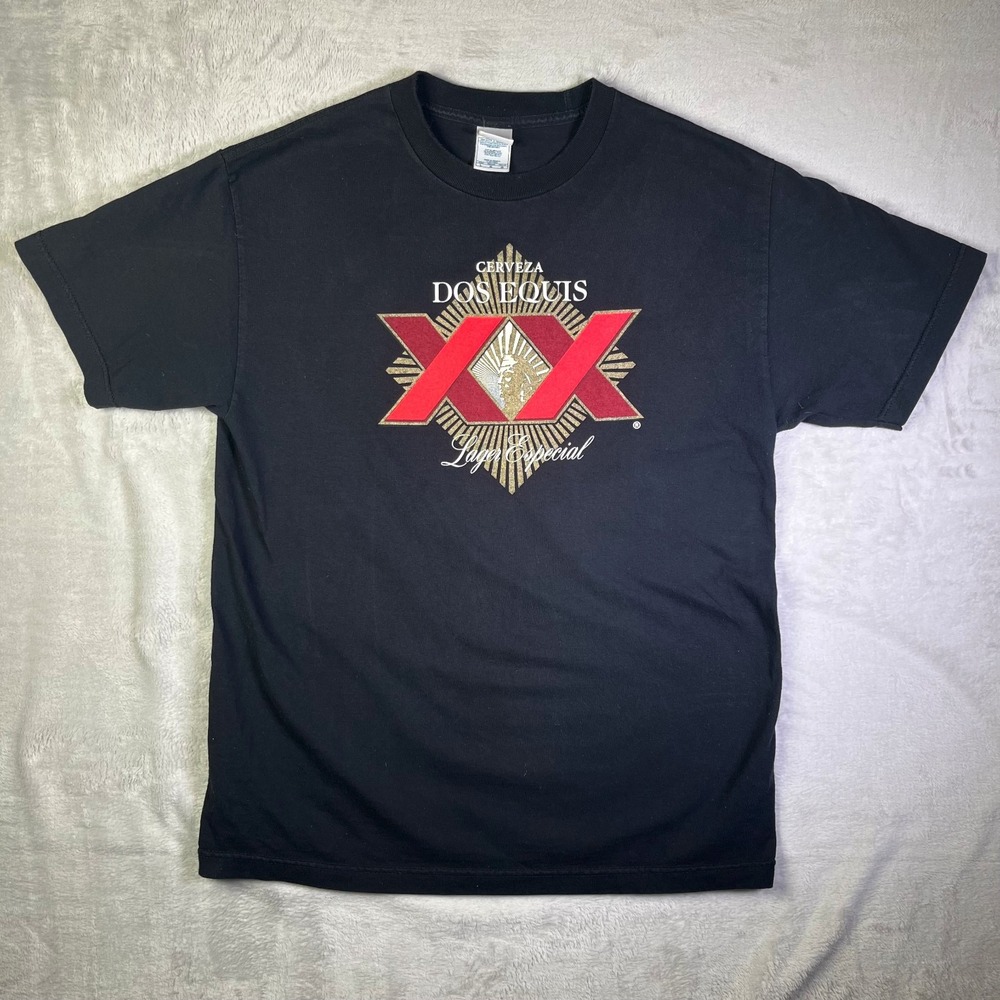 Dos Equis Lager Especial logo vintage tee black size tag large fits medium USA